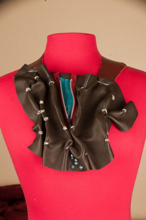 Chocolate Red Zipper Neck Wear with Turquoise Leather Silvertone Accents